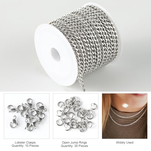 Kyutong Twist Curb Link Chain Bulk Silver Jewelry Making Chain Supplies | 16.4 Feet Stainless Steel Chain Roll Silver Jewelry Craft DIY Chain Links for Necklace Bracelet Making with Clasps - color: Silver Curb