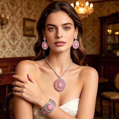 NEWITIN 4 Pieces Silver Bohemian Jewelry Set for Women Fashion Costume Jewels Turquoise Necklace Bracelet Earrings Western Turquoise Jewelry Set for Women - color: Pink Turquoise