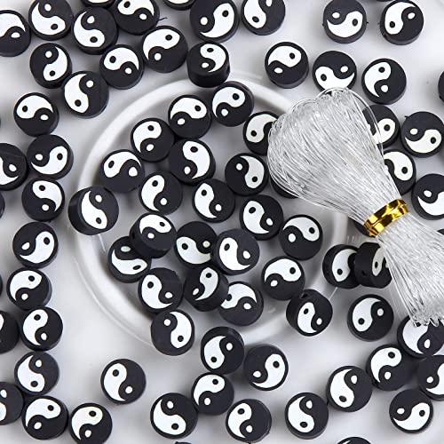100pcs Black Yin Yang Polymer Clay Spacer Beads for Women Jewelry Making DIY Bracelet Necklace Hair Clip Accessories (Black Yin Yang) - color: Black Yin Yang