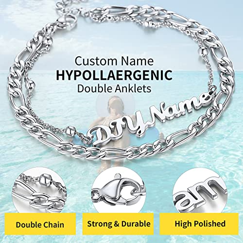 ChainsHouse Double Layer Anklet Bracelet for Women,Adjustable Chain Anklets Stackable Dainty Anklets,Stainless Steel/Gold Plated/Black Ankle Jewelry Gifts - color: A-Silver-Figaro Chain