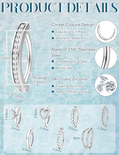 ORAZIO 8Pcs Belly Button Ring Surgical Steel 14G Clicker Belly Rings for Women CZ Heart Butterfly Belly Button Piercing Simple Reverse Navel Barbell Rings Body Piercing Jewelry - color: Silver Plated-10mm
