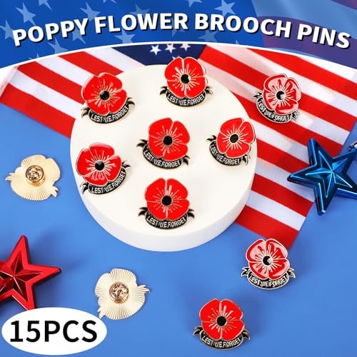 SANNIX 15Pcs Poppy Pins, Poppy Flower Brooch Pins Memorial Day Lapel Pins Lest We Forget Enamel Pins Veterans Day Badge - style: Poppy Pin