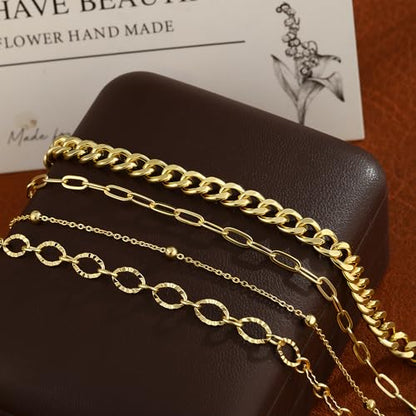 MFRYK Gold/Silver Bracelets For Women,Trendy 14k Gold/Silver Plated lightweight Dainty Chunky Thin Cuban Link Paperclip Chain Tennis Bangle Bracelets Stack Set,Ring Hand Chain Bracelet,Gold Jewelry Gift For Women Fashion Accessories - style: 4Pcs Chunky C