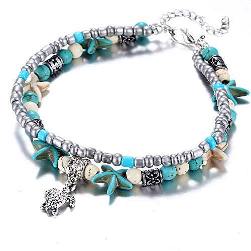 Starain Blue Turtle Anklets for Women Multilayer Beads Handmade Beach Ankle Bracelet Set Boho Foot Jewelry - color: Turtle Beaded Anklet