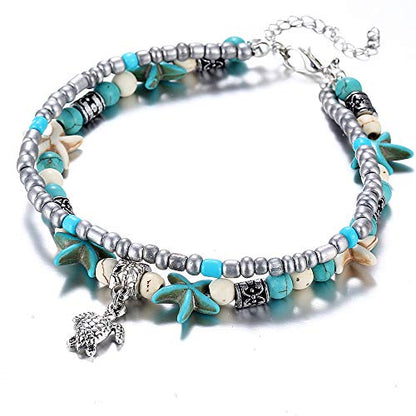Starain Blue Turtle Anklets for Women Multilayer Beads Handmade Beach Ankle Bracelet Set Boho Foot Jewelry - color: Turtle Beaded Anklet