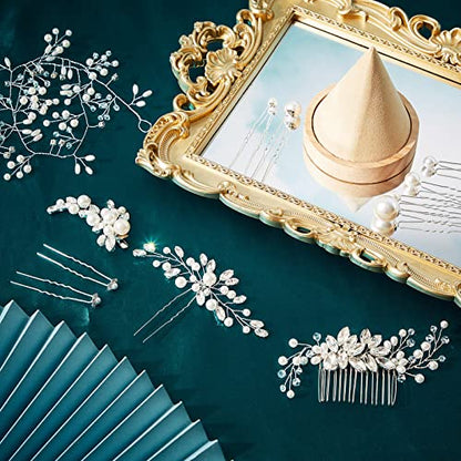 Maitys 44 Pieces Wedding Hair Accessories Faux Pearl Crystal Comb Clips U-shaped Flower Rhinestone Silver Pearl Hair Pieces for Prom Bride Bridesmaid(Fresh Style) - style: Fresh Style