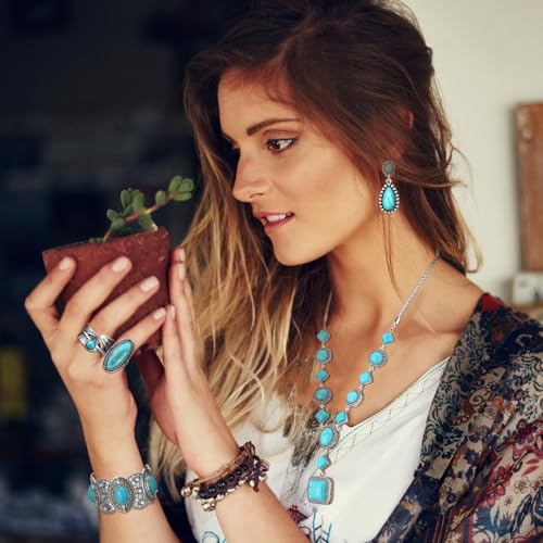 Ecally Bohemian Western Jewelry Turquoise Set Women Country Pendant Long Choker Layered Bracelets Earrings Ring for Women - color: Turquoise, style: Bright
