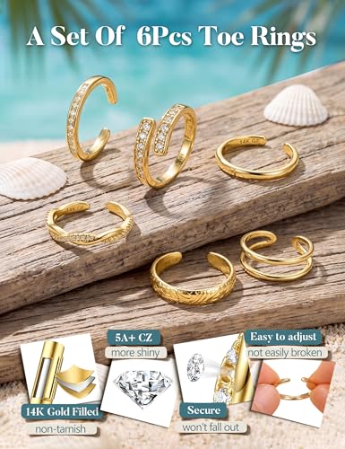 Subiceto 6 Pcs 14K Gold Filled Toe Rings for Women Non Tarnish Dainty Open Adjustable Toe Ring Set Stackable Cz Hypoallergenic Beach Summer Foot Jewelry for Women - color: texture 14k gold plated
