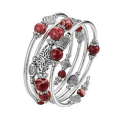 BULINLIN Layered Wrap Bangle Turquoise Bracelet - Bead Bracelet with Natural Agate Stone, Gifts For Women - color: 13-Imperial red