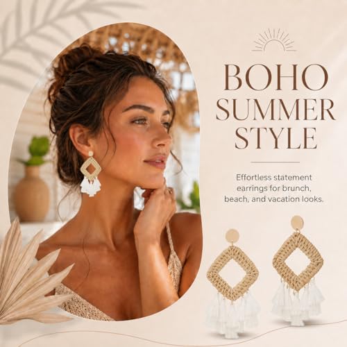 Handmade Raffia Rattan Bohemian Dangle Earrings for Women, Woven Rattan Round Drop Dangle Earrings Beach Jewelry - color: Tassel