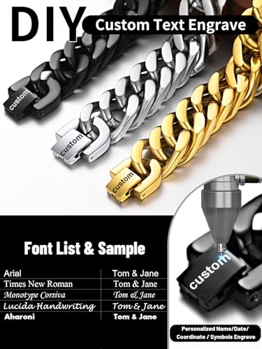 ChainsHouse Stainless Steel Cuban Link Bracelet, 6mm/8mm/12mm/17mm Width, 7.5"/8.3"/9", Black/ 18K Gold Plated Chain Wrist Bracelets for Men Women, Send Gift Box - color: R: Steel-17mm width-custom
