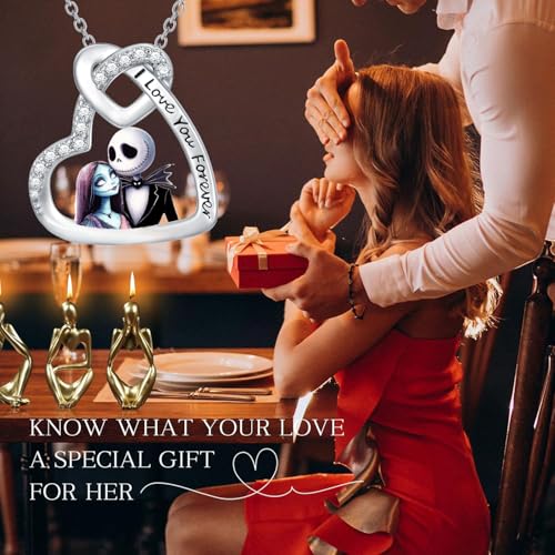 Jack and Sally Necklace 925 Sterling Silver Nightmare Pendant Necklace Heart Halloween Jewelry Gifts for Women