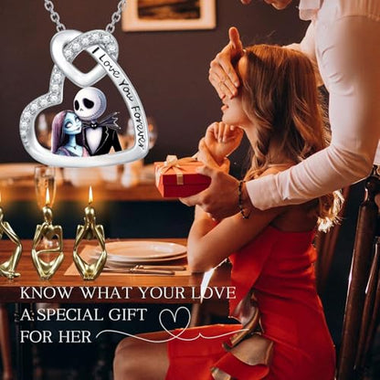 Jack and Sally Necklace 925 Sterling Silver Nightmare Pendant Necklace Heart Halloween Jewelry Gifts for Women
