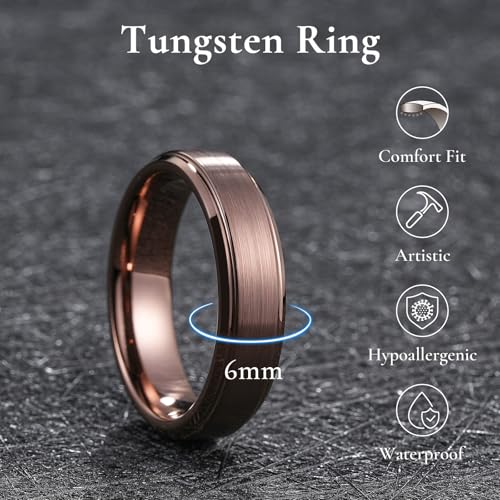 King Will Classic Tungsten Wedding Band for Men, 6/7/8/9/10mm Widths, Polished Finish Step Edge Matte Rings Comfort Fit - color: Brown-6mm
