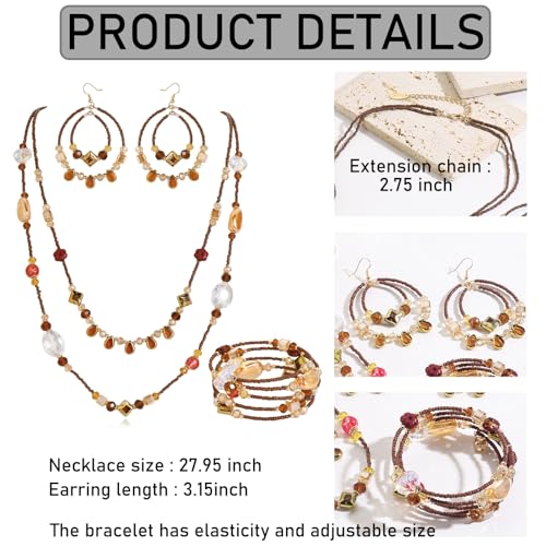 Bocar Bohemian Handmade Beaded Jewelry Set for Women 3 Pcs Layered Necklace Hoop Earrings Wrap Bracelet Set Boho Summer Vacation Jewelry Gift (NK-10834) - color: Brown