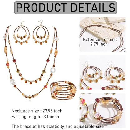 Bocar Bohemian Handmade Beaded Jewelry Set for Women 3 Pcs Layered Necklace Hoop Earrings Wrap Bracelet Set Boho Summer Vacation Jewelry Gift (NK-10834) - color: Brown