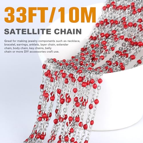 33FT 2mm Stainless Steel Red Enamel Link Chain Bulk Roll for Jewelry Making | 304 Stainless Steel Enamel Beaded Cable Chains Roll Spool for Necklace Bracelet Craft - color: Stainless Steel Red Beads