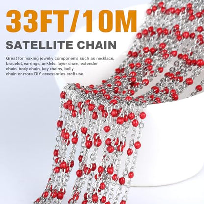 33FT 2mm Stainless Steel Red Enamel Link Chain Bulk Roll for Jewelry Making | 304 Stainless Steel Enamel Beaded Cable Chains Roll Spool for Necklace Bracelet Craft - color: Stainless Steel Red Beads