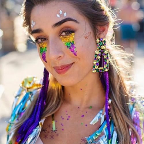 Flyonce Rectangle Clip-on Drop Earrings for Women, Sparkly Rhinestone Crystal Geometric Statement Non Pierced Earring Wedding Prom Party Jewelry for Brides Bridesmaid - color: Mardi Gras