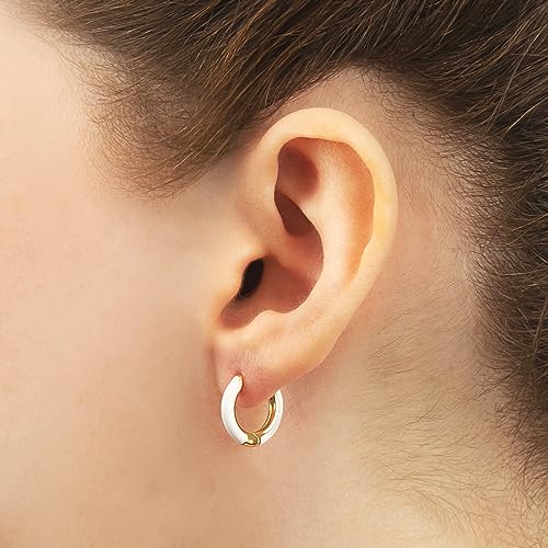 14K Gold Plated Sterling Silver Enamel Color Huggie Hoop Earrings for Women – Wide Range of Vibrant Color Options Available - color: White
