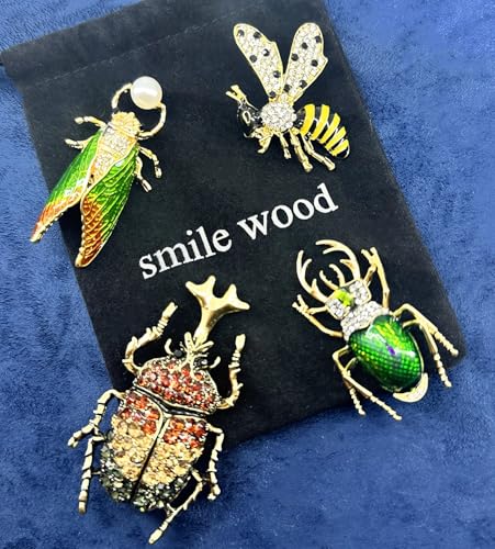 4 PCS smile wood Animal Insect Style Collection Brooches Set Women Brooches Bulk Lapel Pins Jewelry Designed With Rhinestone Elegant Lapel Pins For Everyday wear, Garden parties Wedding Valentine Mother's Day Christmas