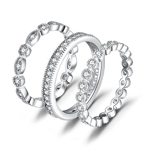 JewelryPalace 14K Gold Plated 925 Sterling Silver Rings for Women, Cubic Zirconia Promise Rings for Her, Stackable Wedding Bands Rings for Women Set Size 4-12 - color: A-3Pcs-Sterling Silver