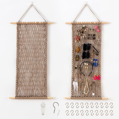 Hanging Jewelry Mesh Organizer with 20 Pieces S Shape Hooks | Macrame,Wall Mounted,Necklaces Storage,Earring Display Rack,Girls Hair Clips Hanger,for Bracelets and Rings, Milk Coffee - color: coffee