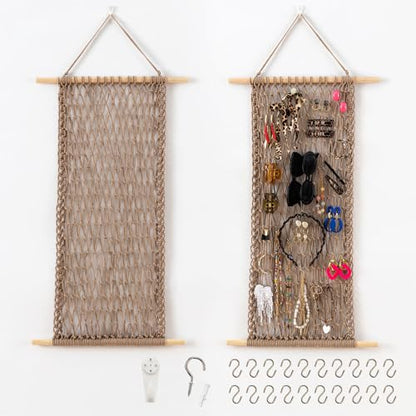 Hanging Jewelry Mesh Organizer with 20 Pieces S Shape Hooks | Macrame,Wall Mounted,Necklaces Storage,Earring Display Rack,Girls Hair Clips Hanger,for Bracelets and Rings, Milk Coffee - color: coffee