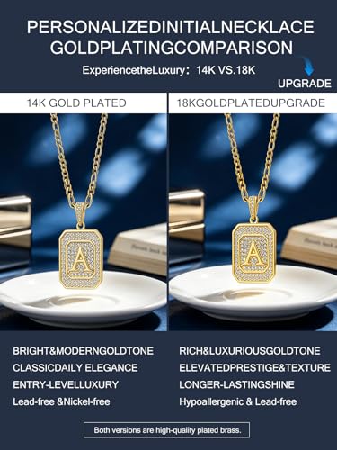 Initial Letter Pendant Necklace for Men Women, 14K/18K Gold A-Z | Square Monogram Pendant Jewelry Waterproof and colorfast with Figaro Chain, Gifts for Women Men - style: 18K Gold S
