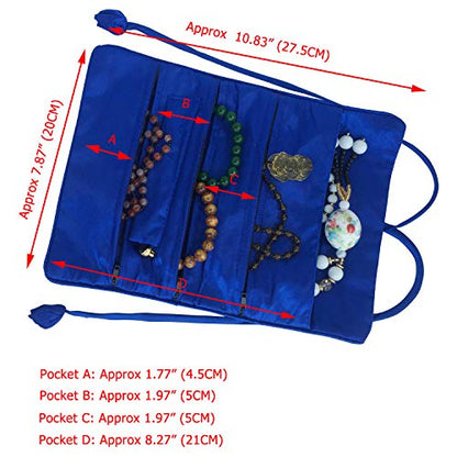 Travel Jewelry Roll Bag - Embroidered Brocade Pouch for Rings, Necklaces, Earrings, Bracelets | Lightweight & Tie Closure (Royal Blue) - color: Royal Blue