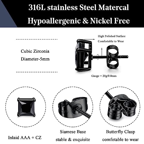 ORAZIO Black Silver Earrings for Men,Stainless Steel Cubic Zirconia Earrings 20G Mens Earrings Hypoallergenic CZ Earrings Studs Trendy Square Earring Studs Set 4-8MM - style: 2 Pairs,Cubic Zirconia Diameter:5mm