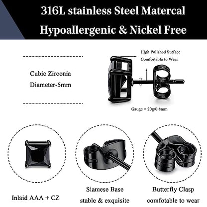 ORAZIO Black Silver Earrings for Men,Stainless Steel Cubic Zirconia Earrings 20G Mens Earrings Hypoallergenic CZ Earrings Studs Trendy Square Earring Studs Set 4-8MM - style: 2 Pairs,Cubic Zirconia Diameter:5mm