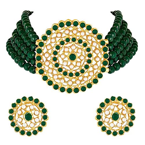 Aheli Pearl Diamond Choker Necklace & Round Earrings Gift for Women Indian Traditional Bollywood Fashion Bharatanatyam jewellery set - color: Green 1