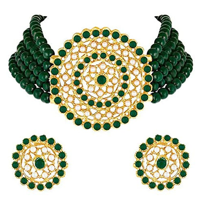 Aheli Pearl Diamond Choker Necklace & Round Earrings Gift for Women Indian Traditional Bollywood Fashion Bharatanatyam jewellery set - color: Green 1