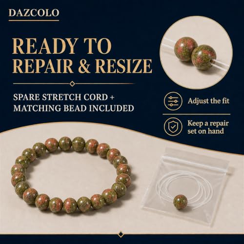 8mm Natural Crystal Stretch Bracelet | Handmade Round Stone Bead Bracelet, Runs Large, Meditation Yoga Gift for Women & Men - color: Epidote