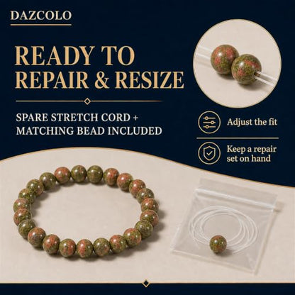 8mm Natural Crystal Stretch Bracelet | Handmade Round Stone Bead Bracelet, Runs Large, Meditation Yoga Gift for Women & Men - color: Epidote