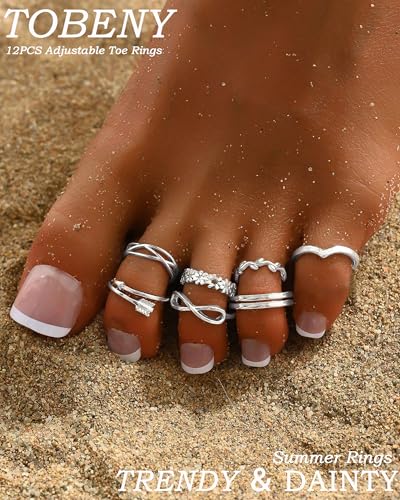 TOBENY 12PCS Gold Toe Rings for Women Non Tarnish Adjustable Open Set | Rose Black Waterproof Toe Ring Set, Sterling Silver Toe Rings, Flower Arrow Tail Band, Dainty Summer Beach Foot Jewelry - color: A-Silver