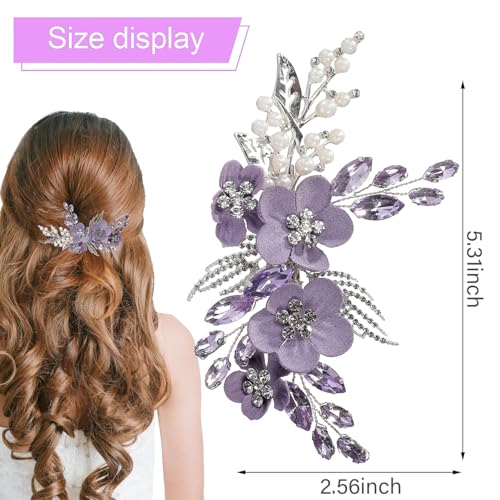 Wedding Hair Clips, Crystal Hair Pins Pearl Rhinestone Hair Barrettes, Bridal Flower Hair Pieces Pearl Headpieces Hair Accessories for Women Girls (Purple) - color: Purple