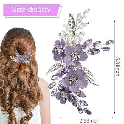 Wedding Hair Clips, Crystal Hair Pins Pearl Rhinestone Hair Barrettes, Bridal Flower Hair Pieces Pearl Headpieces Hair Accessories for Women Girls (Purple) - color: Purple