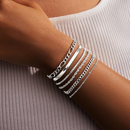Gold Chunky Stack Bracelets for Women Non Tarnish, 14K Gold Plated Bracelets Set for Women Stackable, Waterproof Layered Trendy Dainty Cuff Cuban Link Chain Paperclip Bracelet Pack for Jewelry Gifts