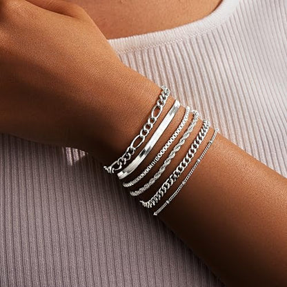 Gold Chunky Stack Bracelets for Women Non Tarnish, 14K Gold Plated Bracelets Set for Women Stackable, Waterproof Layered Trendy Dainty Cuff Cuban Link Chain Paperclip Bracelet Pack for Jewelry Gifts
