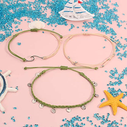 Waterproof String Anklets Cute Beaded Ankle Bracelets Beach Wave Anklet Stainless Steel Coin Boho Ankle Jewelry for Women - color: Olive