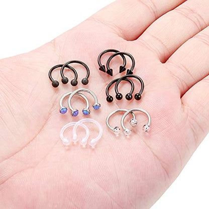 SCERRING 6 Pairs 16G Stainless Steel Horseshoe Septum Ring Nose Rings Hoop Helix Daith Cartilage Tragus Earrings Lip Body Piercing Jewelry Opal 8mm 10mm - color: 10mm - Black