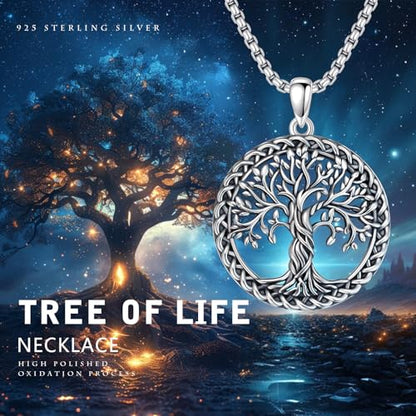 S925 Sterling Silver Tree of Life Necklace For Men Women Abalone/Turquoise/Vintage Retro Oxidation/ Famtima Hand/Round/Square/Teardrop/Rectangle/Oval Family Tree Pendant Necklaces Jewelry Gifts For Valentine's Day Christmas Mother's Day - style: Oxidized