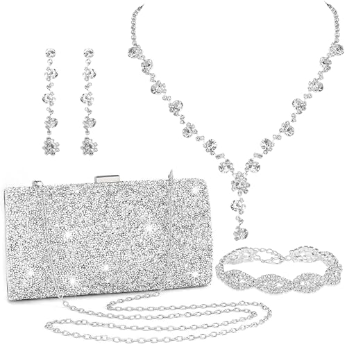 FEYIR Clutch Purse Jewelry Set for Women Evening Bags Rhinestone Crystal Necklace Earrings Bracelet Set Formal Wedding Bridal Accessories Jewelry for Prom - color: Shiny