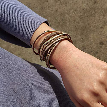 Artilady Leather Wrap Bracelet for Women, Pearl Beaded Bangle Stack Jewelry | Easy on-off, Elegant Handmade Multi-Layered, Daily Casual Date Beach Vacation, Gift for Ladies, Mother, Sister & Friend - style: Dark Brown with Gold ba