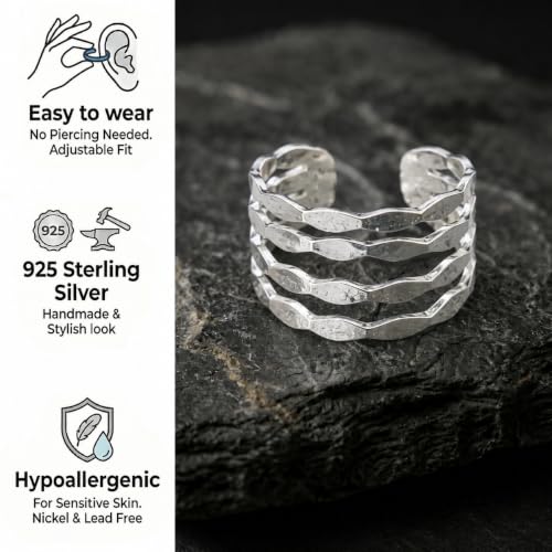 925 Sterling Silver Ear Cuff, Handmade Single Band Adjustable Non Piercing Clip On Cartilage Earring, Minimalist Ear Wrap Faux Piercing Jewelry for Women - style: Multi Hammered Band