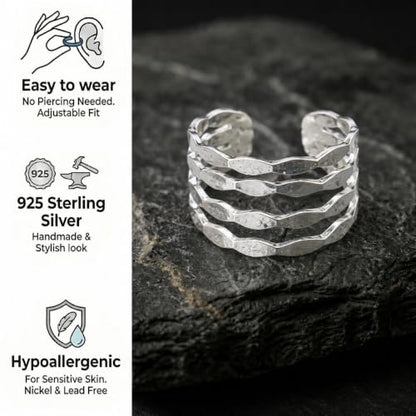 925 Sterling Silver Ear Cuff, Handmade Single Band Adjustable Non Piercing Clip On Cartilage Earring, Minimalist Ear Wrap Faux Piercing Jewelry for Women - style: Multi Hammered Band