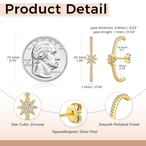 CZ Suspender Cuff Stud Earrings Wrap Earlobe Silver Post Cubic Zirconia Minimalist Jewelry for Women - color: Gold Star CZ