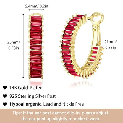 Trendy 14K Gold Plated Hoop Earrings for Women, Chunky Gold/Silver Earrings for Women Cubic Zirconia Baguette Hoop Earrings Heart Hoops Lightweight Hypoallergenic Jewelry,25mm/35mm/40mm/50mm - color: 01 Gold Garnet Hoops 25mm